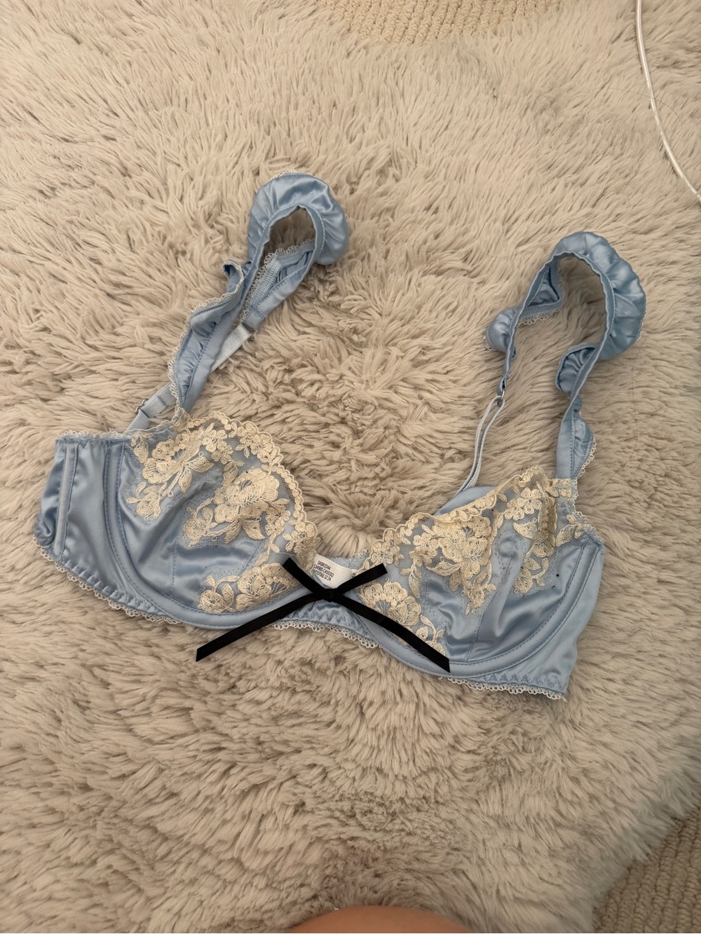 For Love And Lemons Sweetheart Light Blue Satin Underwire Bra with Ivory Lace